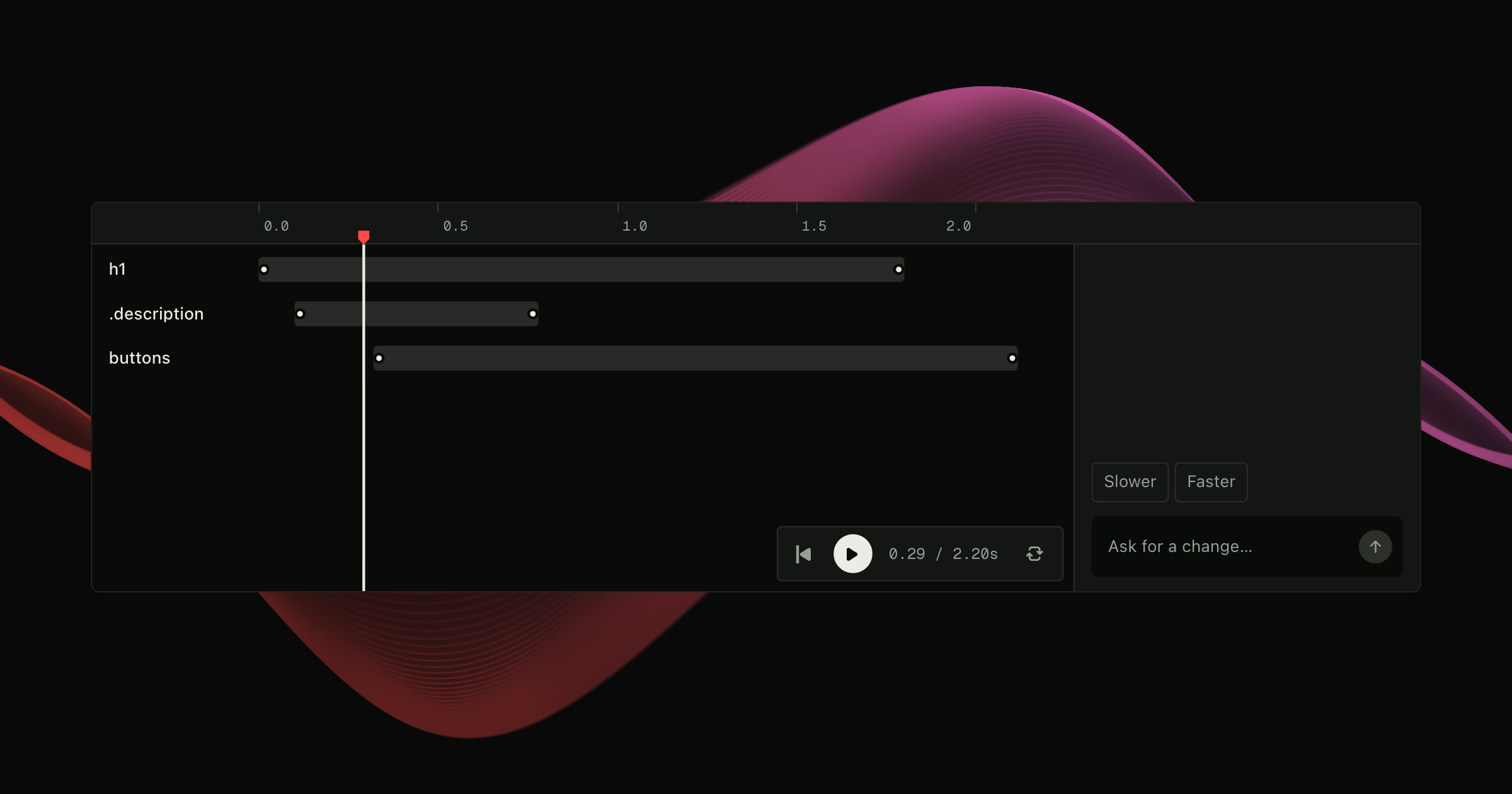 Motion Studio timeline and agent editor centred over a red and pink wave